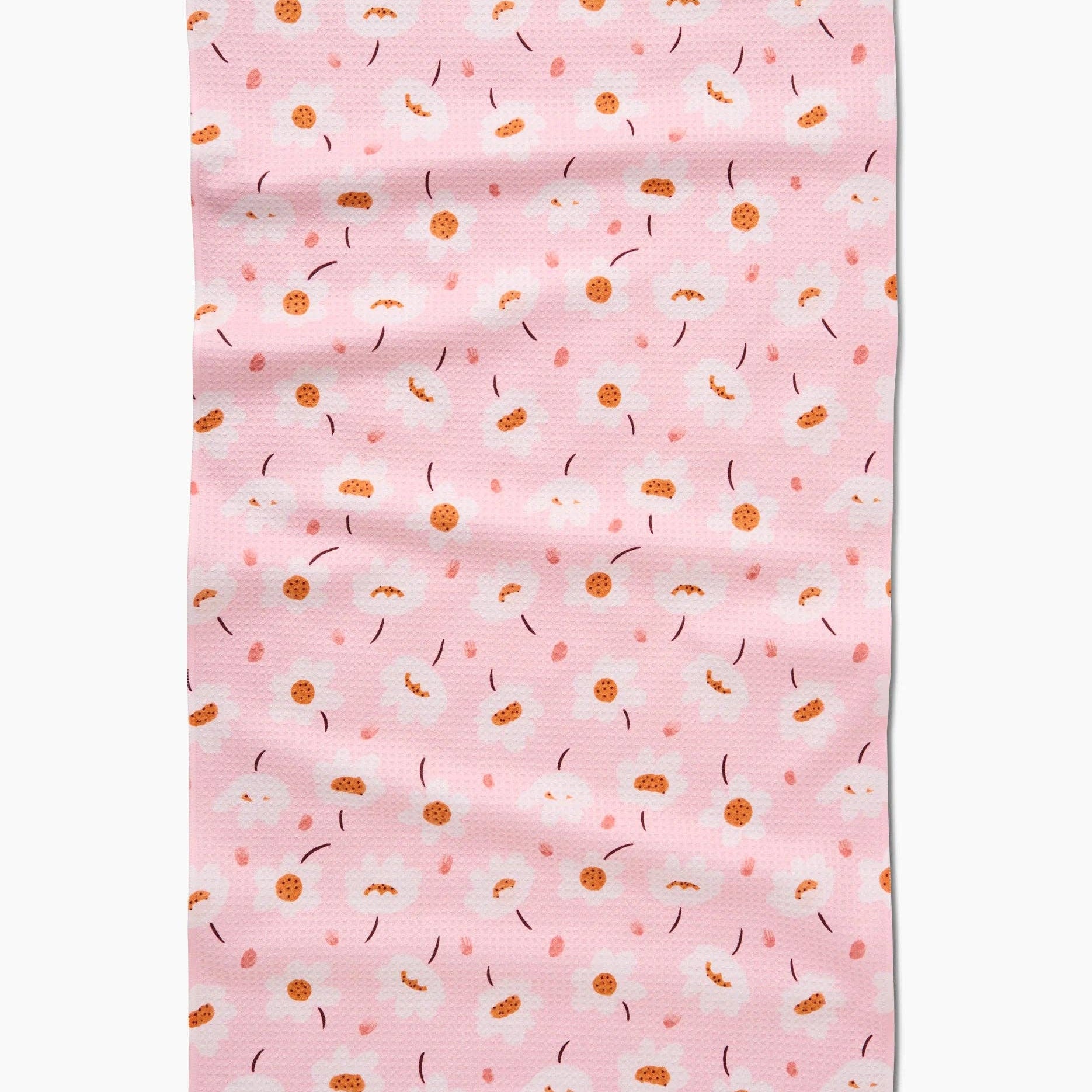Pink fabric with abstract florals pattern on a white background