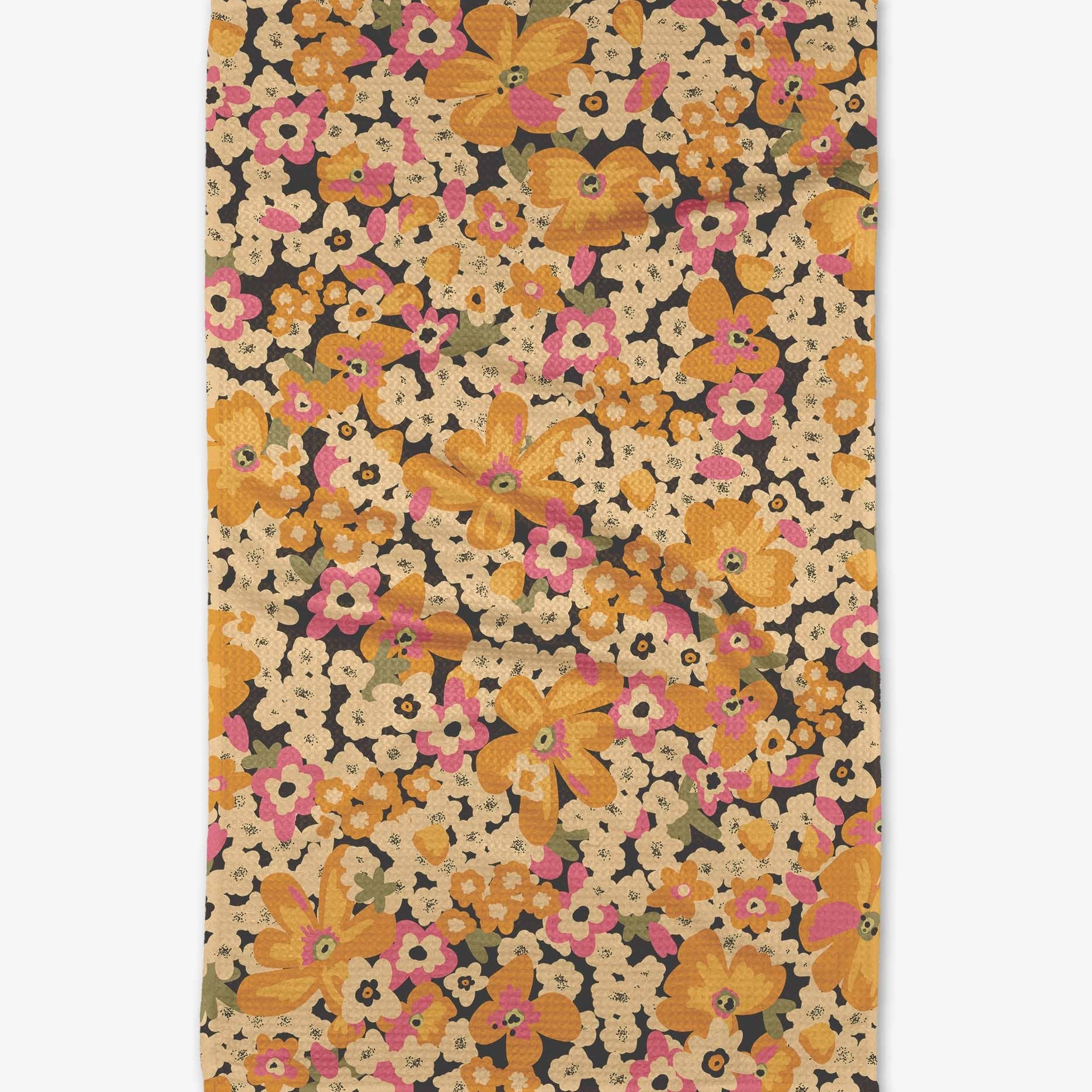 Floral patterned fabric with orange, pink, and yellow flowers on a dark background