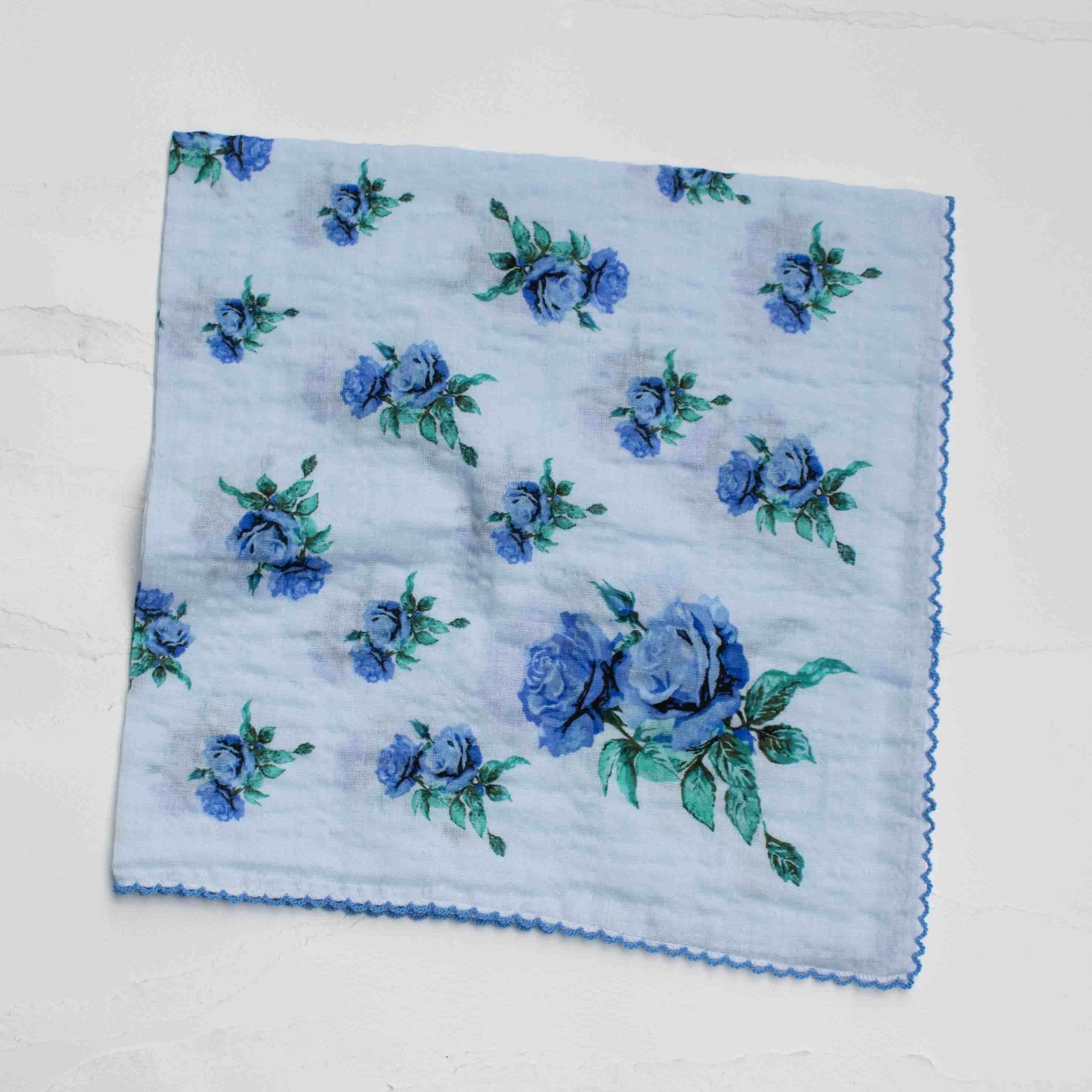 Vintage Rose Print Cotton Rayon Scarf - blue
