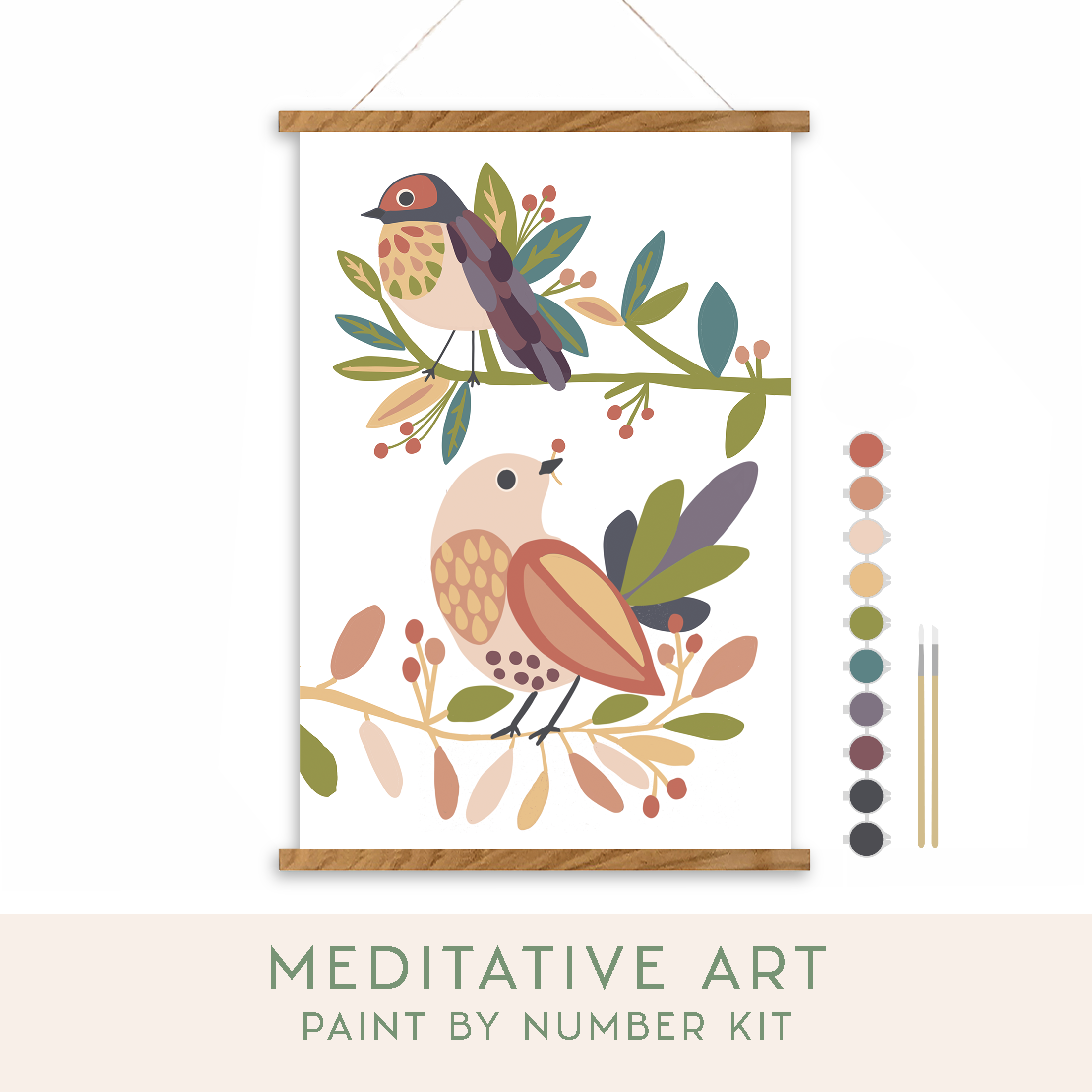 Meditative art paint by number kit with birds and leaves on a white background