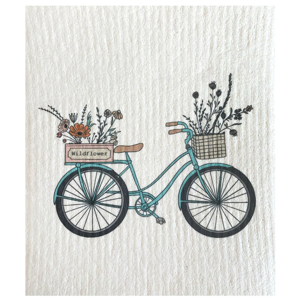 Say goodbye to soggy, smelly dishcloths! This Swedish Dishcloth is here to save the day. Made from innovative Swedish material, it absorbs 20x its weight and dries quickly, keeping your kitchen clean and fresh. Plus with its quirky design, dish duty just got a whole lot more fun! Bike with Wildflowers      Measures  7x7.5 inches  Material  70% cellulose 30% cotton. 