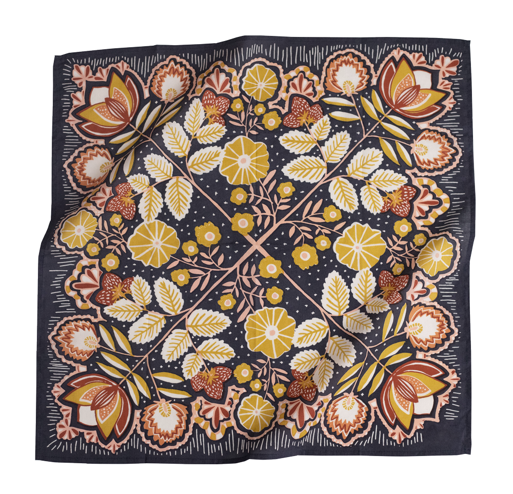 Floral patterned fabric square with yellow, orange, and green flowers on a dark background