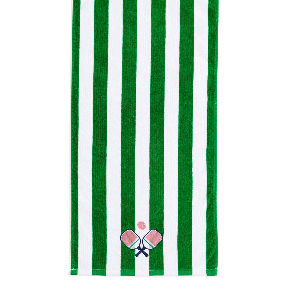 Stay fresh and stylish on and off the court with The Paddles Stripe Pickleball Towels! Featuring Bold Green-and-White, these towels are as functional as they are fun. Embroidered with playful paddle and ball details, they're the perfect courtside companion for your pickleball matches or practice sessions.