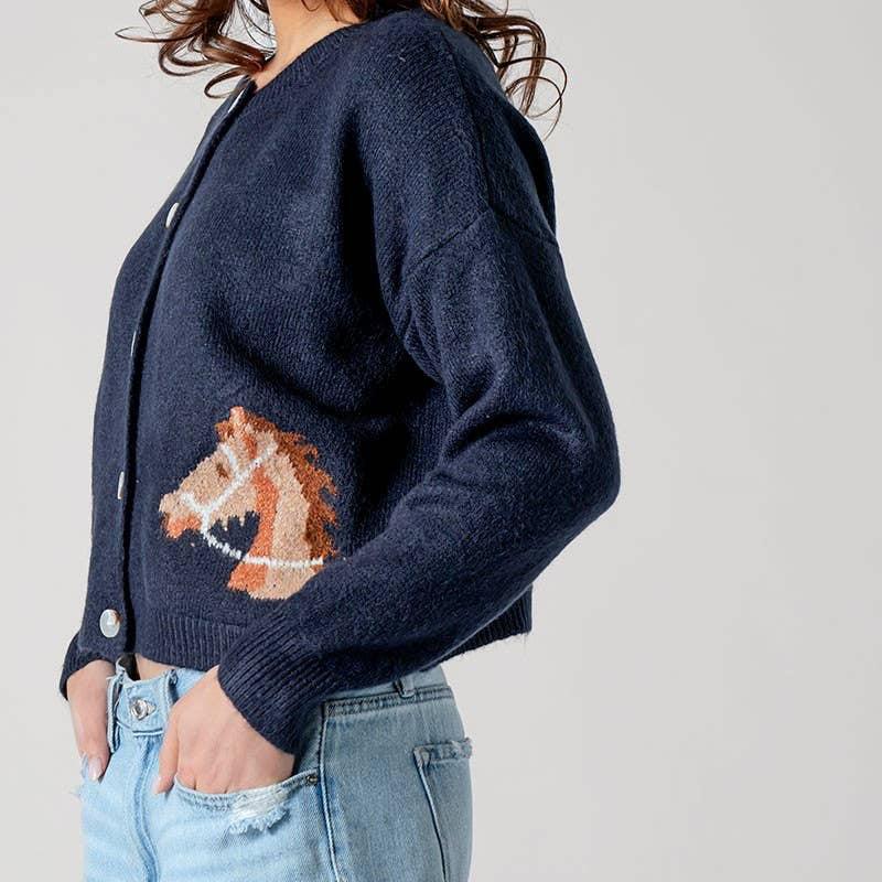 Western Horse Button Cropped Cardigan Sweater - Navy