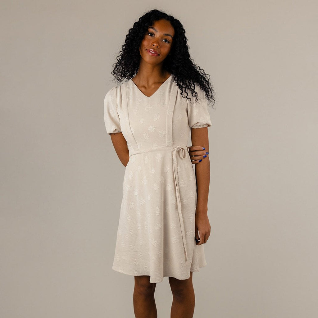 I feel like I should be writing a full-length love letter to this dress. It has everything: a v-neckline, puff sleeves, a waist tie. What more could you want? And shout out to all you mommas out there: it's got hidden nursing zippers!!