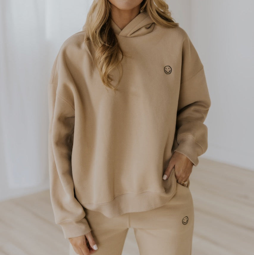 My mother told me to pick the very best + this soft, french terry hoodie is it. The embroidered smiley face detail makes this an effortless look with a subtle touch of sunshine. The weather outside might be changing, but we got nothing but smiles here :) Tan