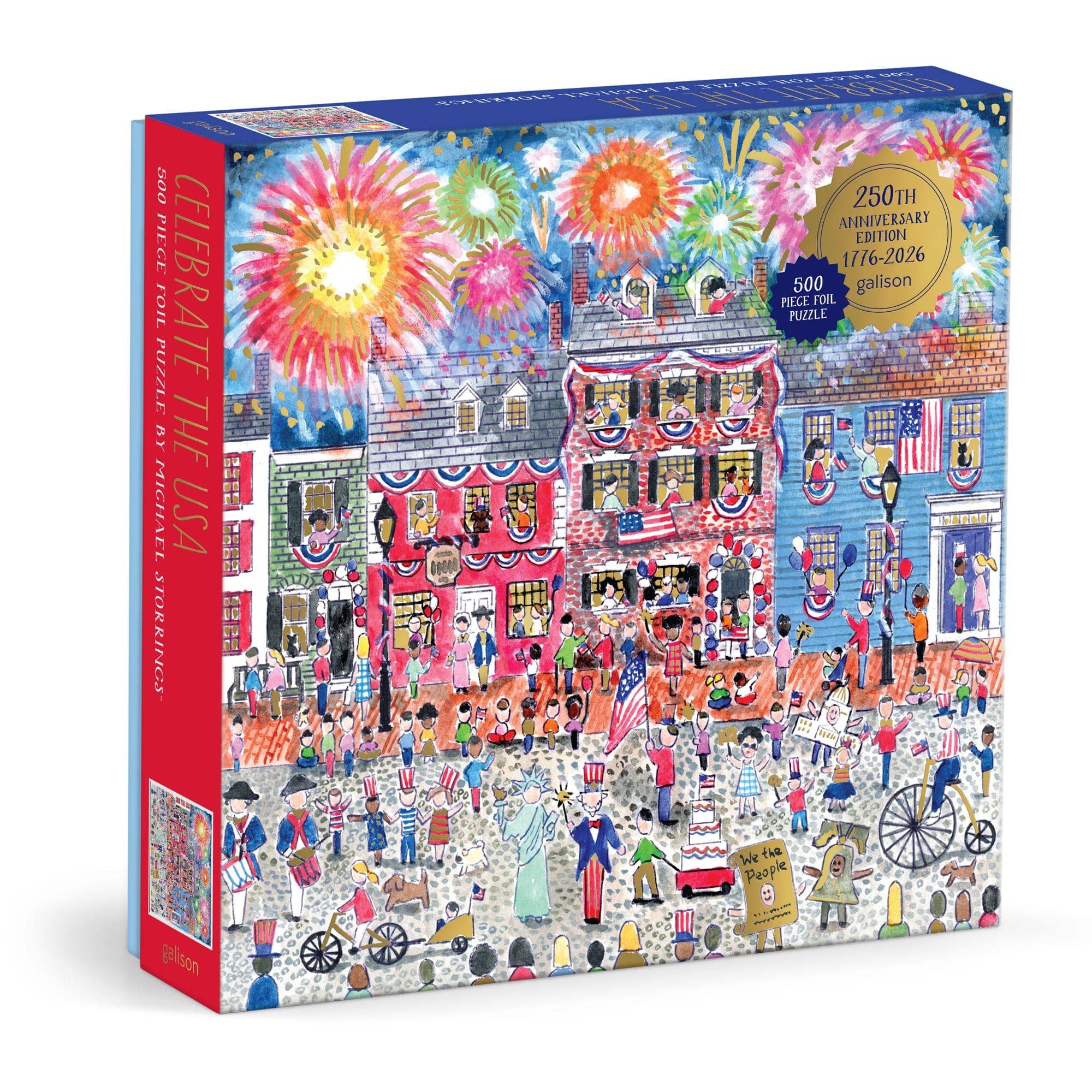 Celebrate American heritage with this vibrant 500-piece foil puzzle featuring Michael Storrings' patriotic illustration.

The dynamic boardwalk scene captures the spirit of independence through costumed figures embodying iconic national symbols and historical moments, while festive flags adorn the charming streetscape. Shimmering gold foil accents enhance the celebratory atmosphere, particularly illuminating the brilliant fireworks bursting across the sky.

Details:

500 piece foiled puzzle
Finished Puzzle 