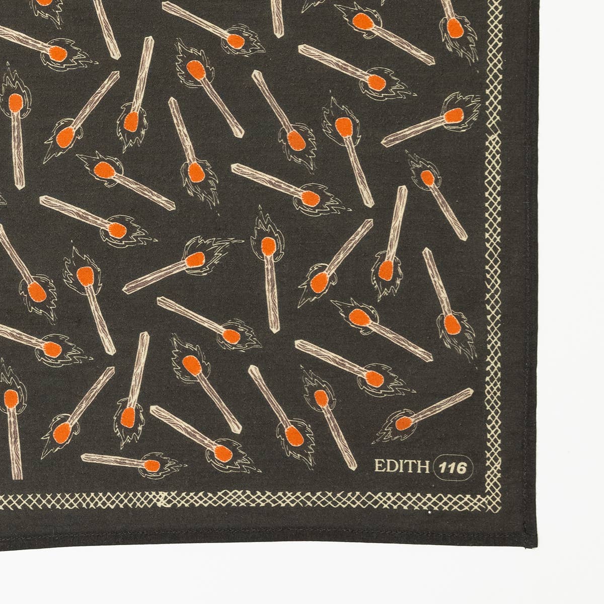 Patterned fabric square with matches design and 'EDITH 116' branding.
