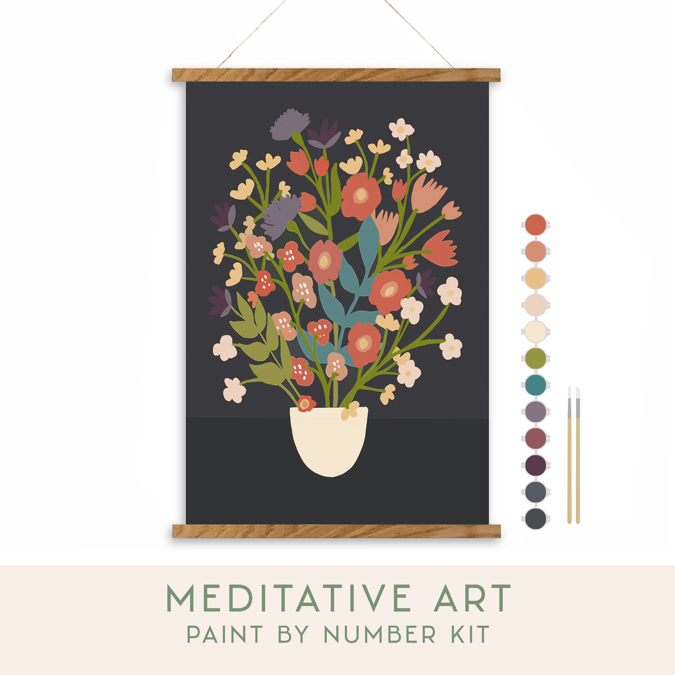 Floral painting by number kit with color swatches on a white background