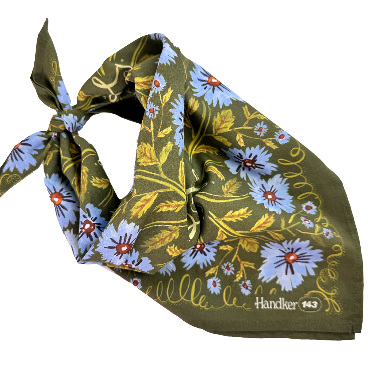 Floral patterned handkerchief with visible branding on a white background