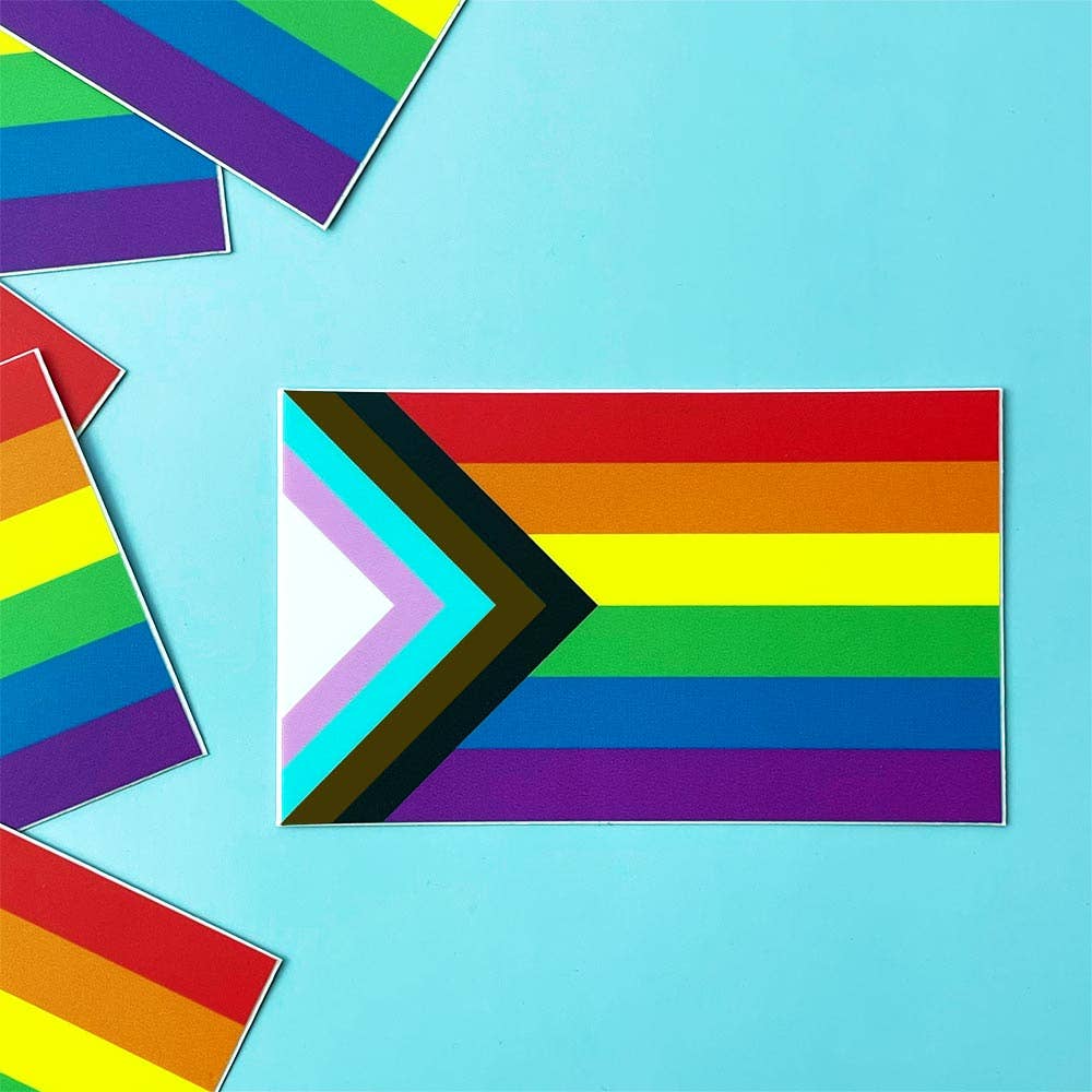 The famous Progress Pride Flag designed by Daniel Quasar, but in the cutest sticker form. Trust us, you'll want a few of these. vinyl stickers ready for sticking on laptops, water bottles, your car, or anywhere else you can think of. 3" x 1.8"