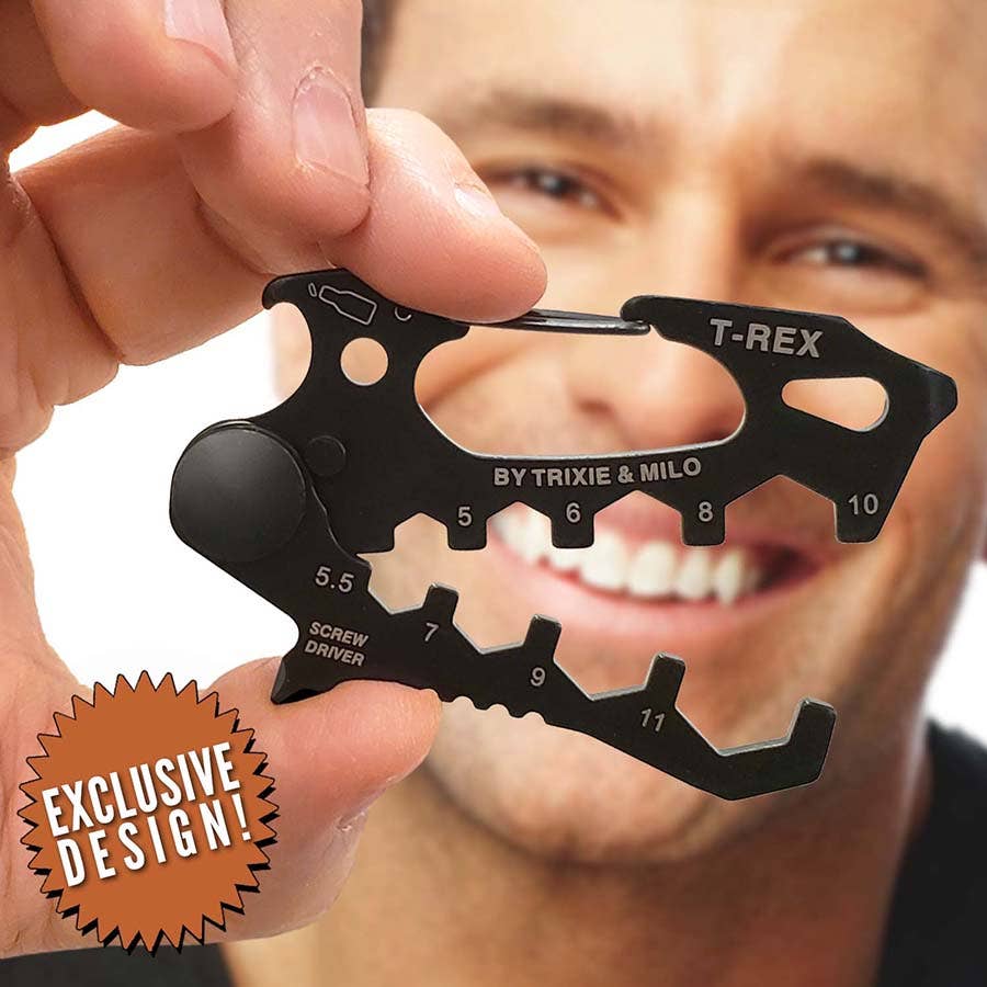 Person holding a black T-Rex multitool with a blurred background