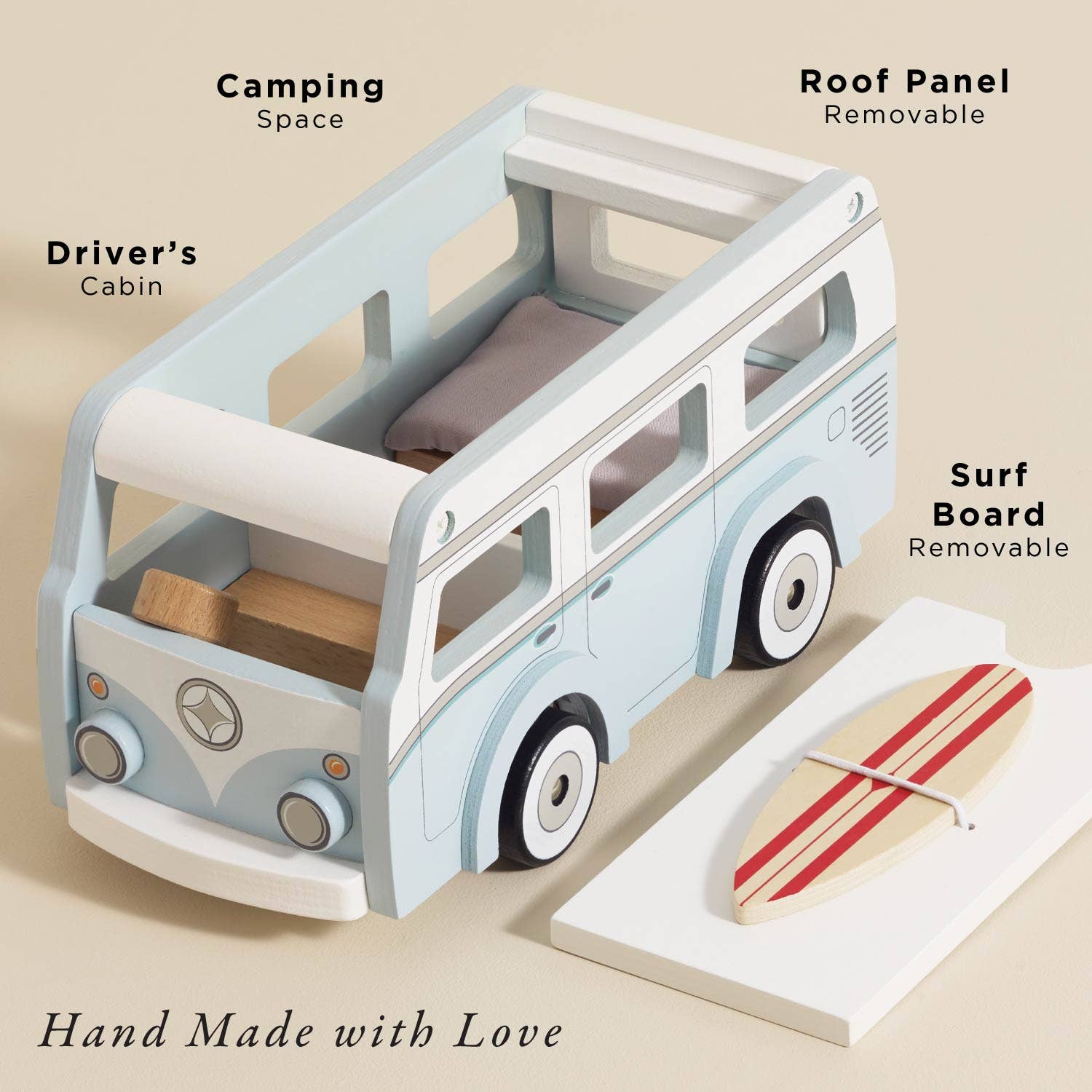Toy camper van with removable roof panel and surfboard, labeled features on a beige background.