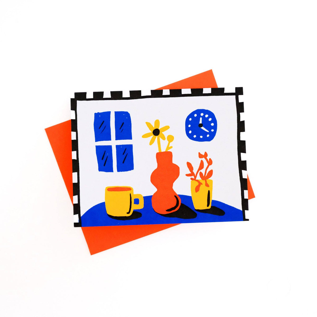 Colorful illustration of a room with a clock, window, and furniture on a white background