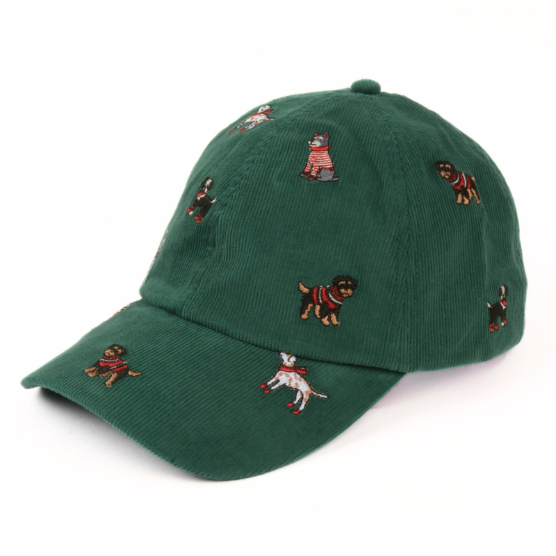 Christmas Dogs all over Embroidered Corduroy Cap - green