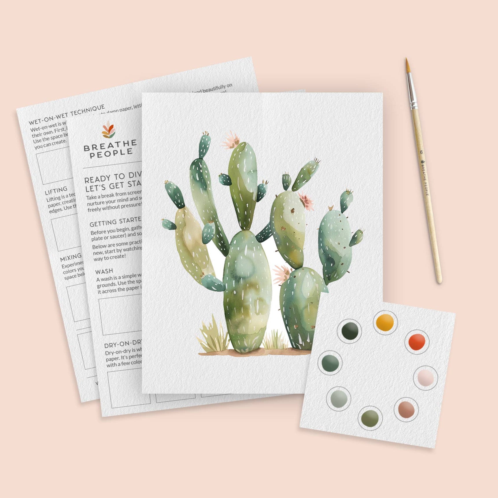 Artistic print of a cactus with a color swatch and instruction sheet on a pink background
