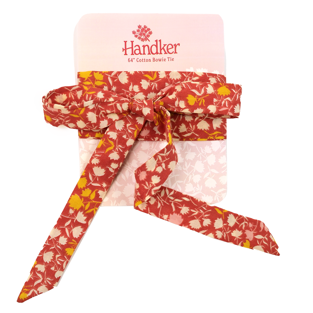 Red floral bow tie with 'Handker' packaging on a white background