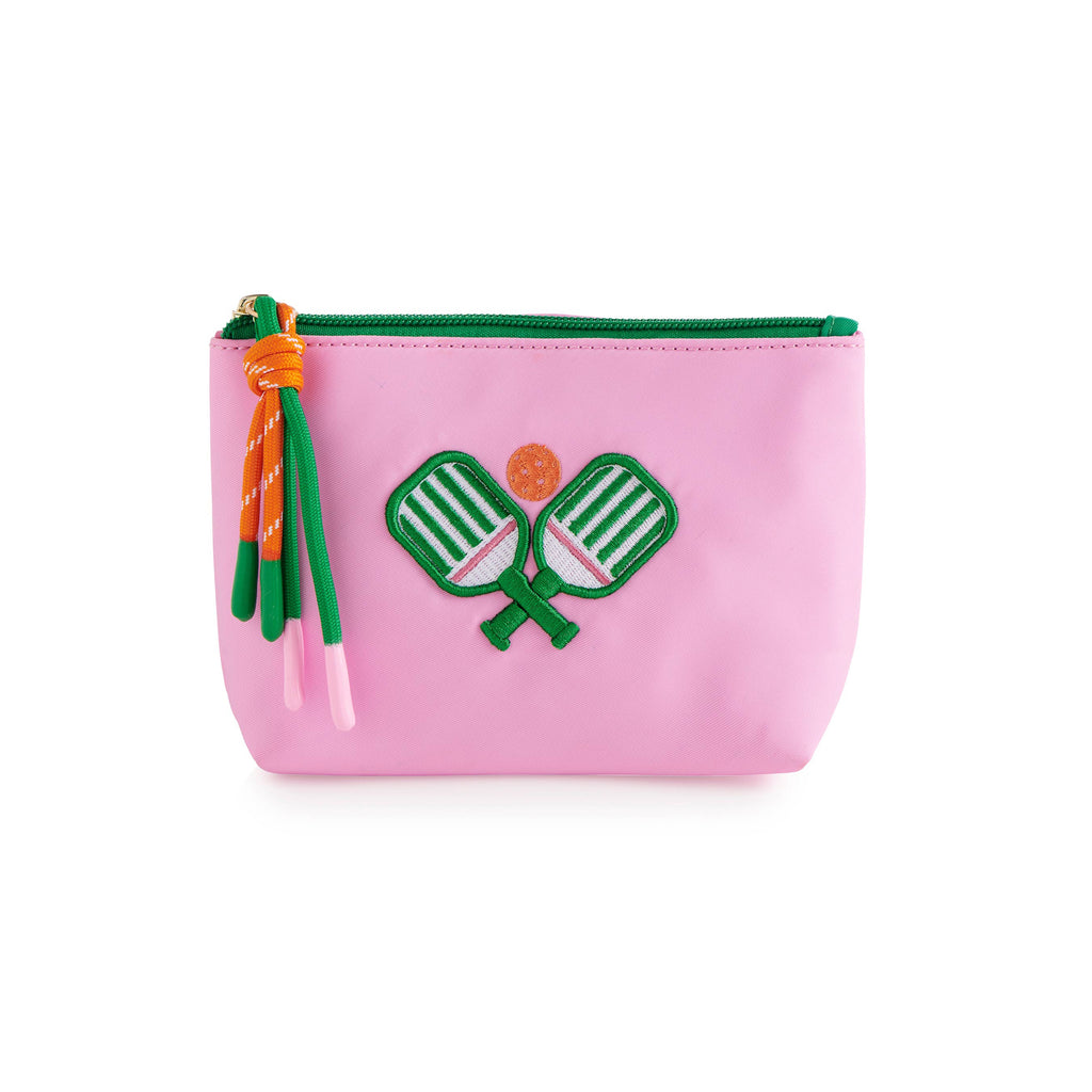 Meet the paddles small zip pouch, your new court-side essential with a pop of personality! This playful pink pouch is adorned with adorable embroidered pickleball paddles and ball details, complete with a vibrant tassel accent for an extra dash of fun. Sized perfectly for all your on-the-go essentials, it’s lightweight, compact, and oh-so-cute. Whether you’re rallying on the court or just showing off your pickleball pride, this pouch has you covered.