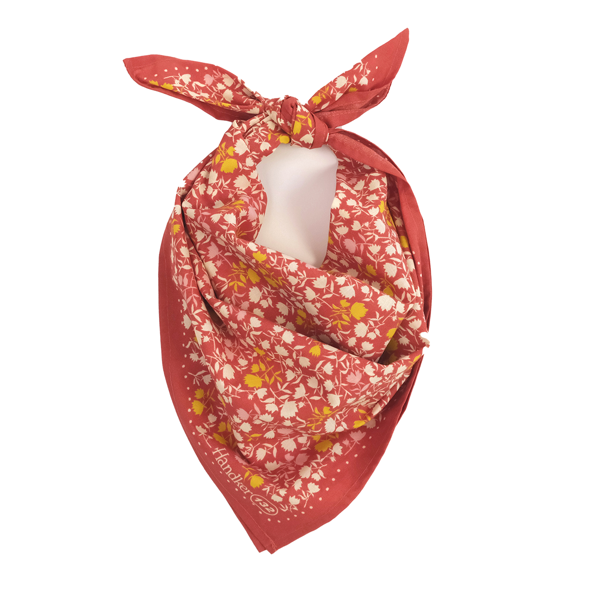 Red floral patterned scarf on a white background