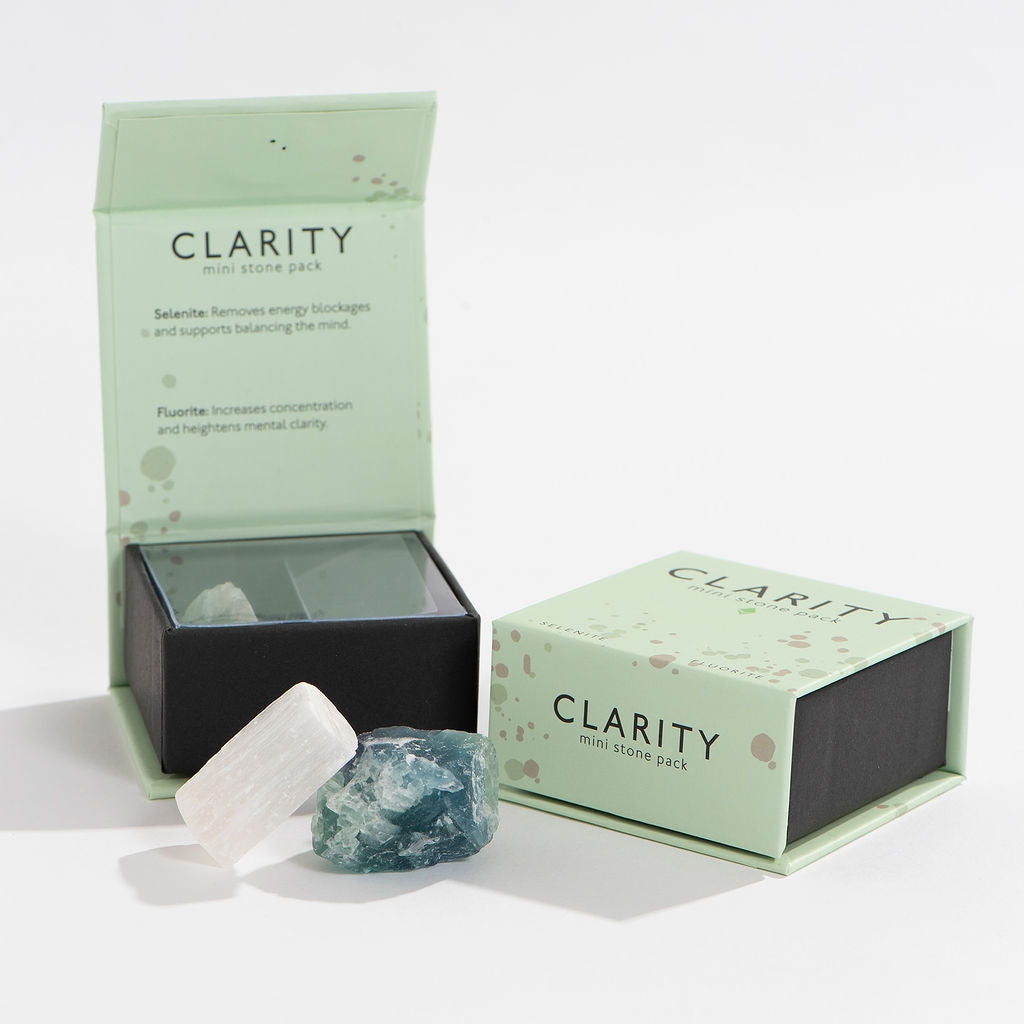 Each Mini Stone Pack comes with two crystals selected to help bring forth a desired element in life: Clarity, Calm, or Love.
