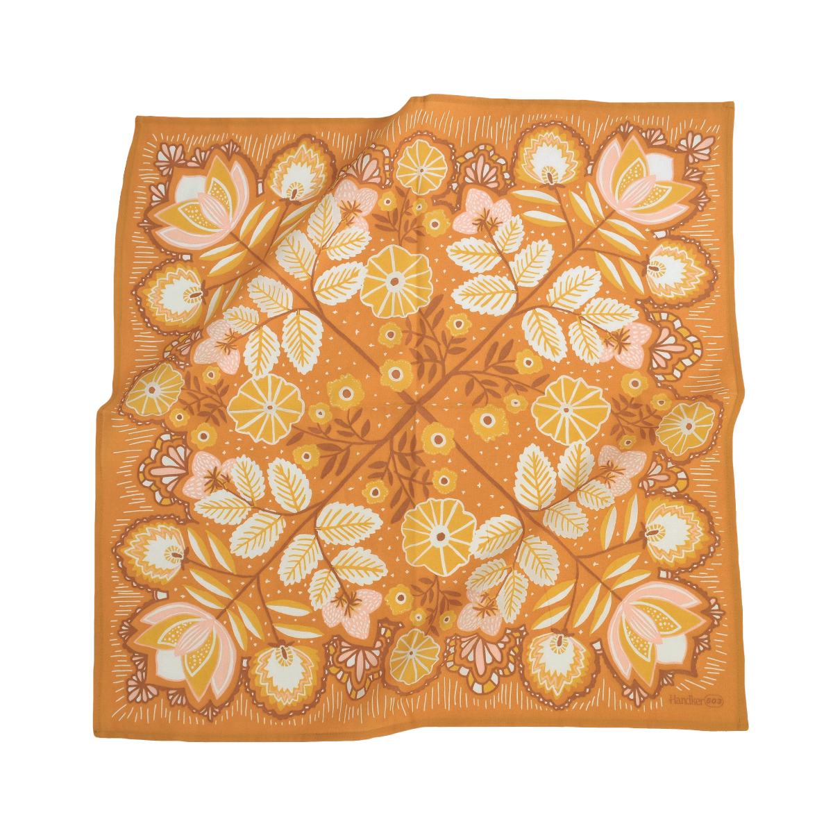 Floral patterned fabric on an orange background
