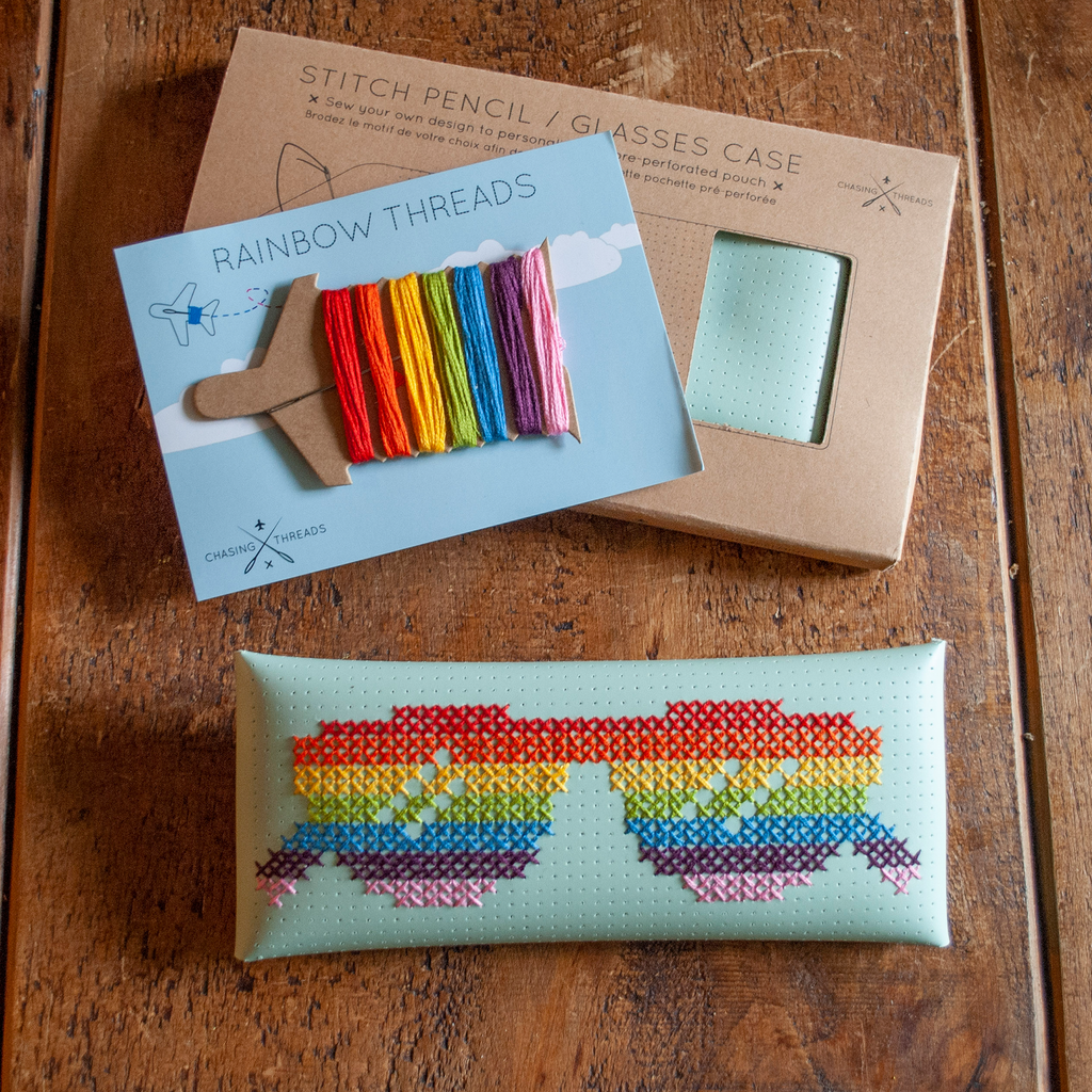 Stitch your own way - this envelope pocket is ideal as a pencil or glasses case and allows you to sew any unique design. Whether you stitch initials, a slogan or the sunglasses template included, it opens out fully for easy stitching. It also opens 2 ways, so it can open from the side or from the top - just pop the metal buttons to fold up whichever way you prefer. The Mint pouch comes with teal & navy thread &amp; needle wrapped on our pen thread-board. It includes our 3D alphabet template to add initial