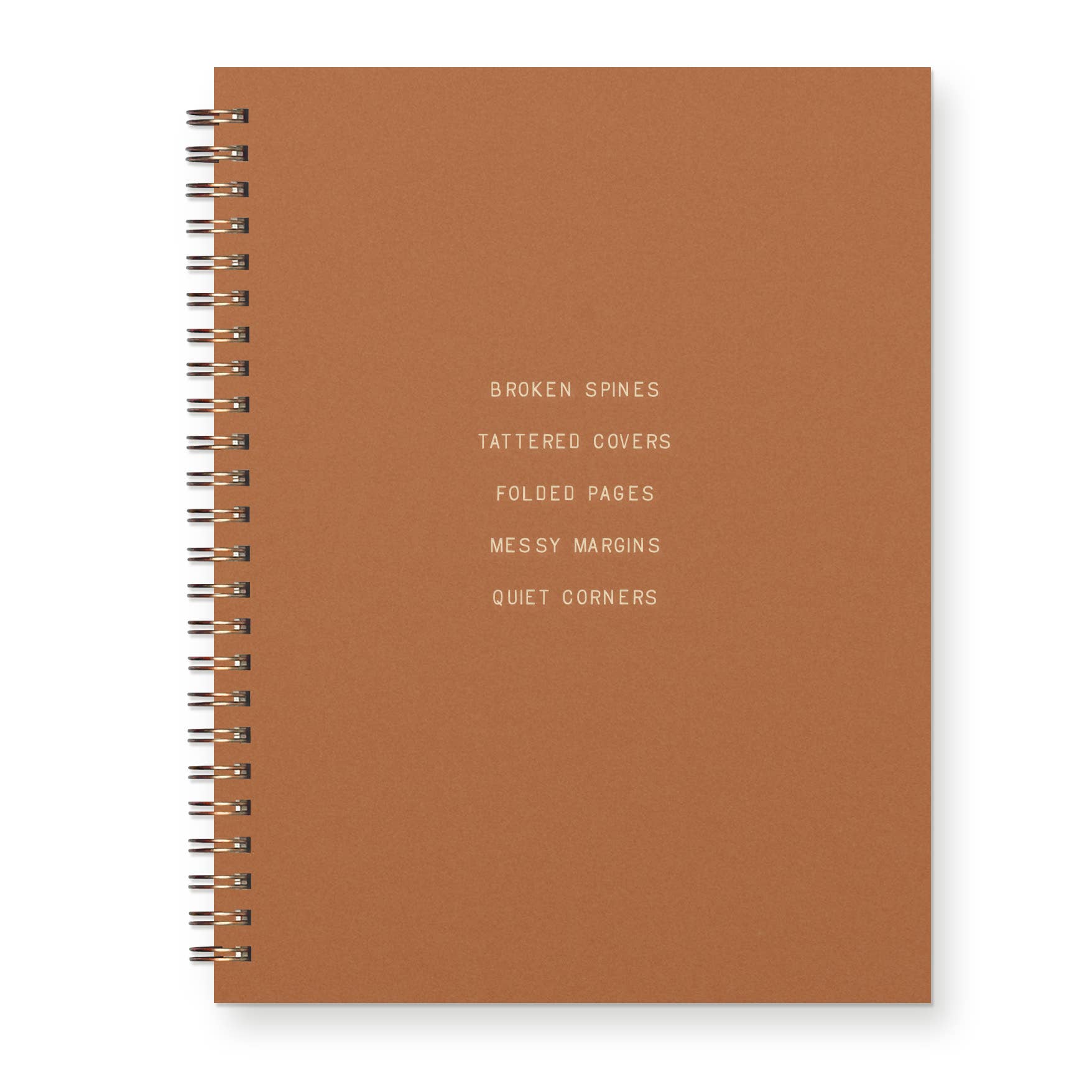 Brown notebook with text on a white background