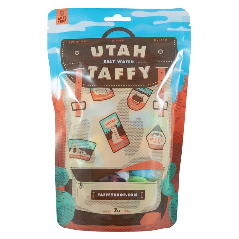 Utah national parks bag, featuring: Hand-illustrated patches for five Utah national parks: Zion national park, Capital reef national park, Arches national park, Bryce Canyon national park, and Canyonlands national park whimsical red rock design. Perfect for all outdoor enthusiasts Includes an assortment of some of our best-selling taffy flavors or your choice of up to three different flavors.