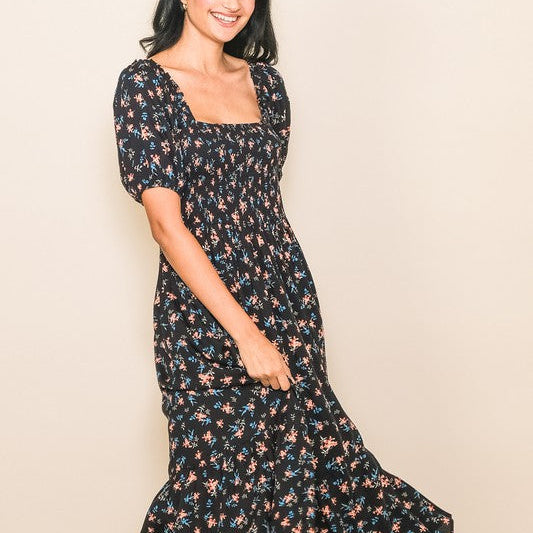 Puff Sleeve Smocked Chest Wide Flare Midi Dress with Pockets