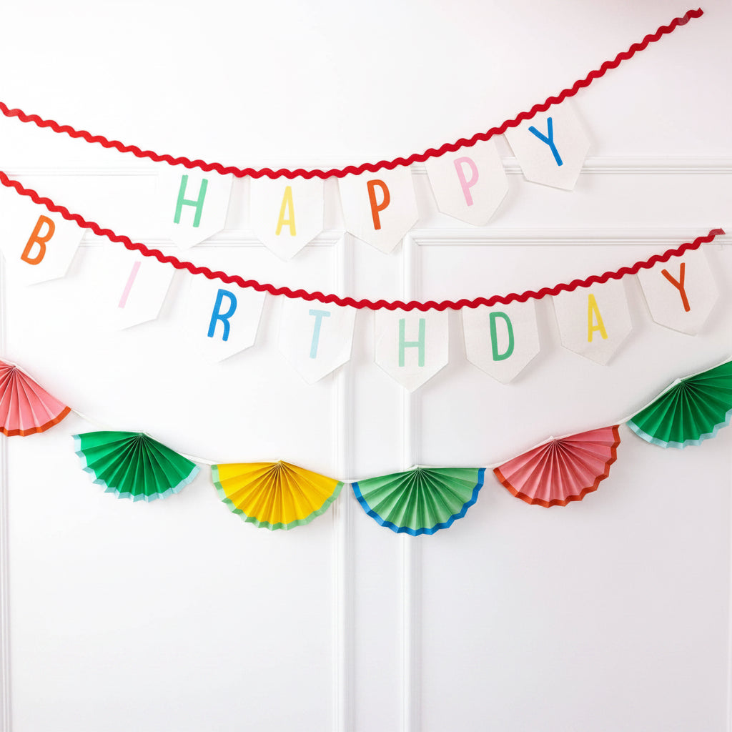 Celebrate in style with our Happy Birthday Felt Banner! This banner set will elevate any party with its vibrant design and premium felt material. Perfect for any birthday celebration, this banner will bring joy and excitement to any special occasion.

Details:

Includes 2 felt banners, each approximately 6' long
Felt pieces spelling HAPPY BIRTHDAY sewn to ricrac
Felt pieces are approximately 5.5" x 6.5" tall