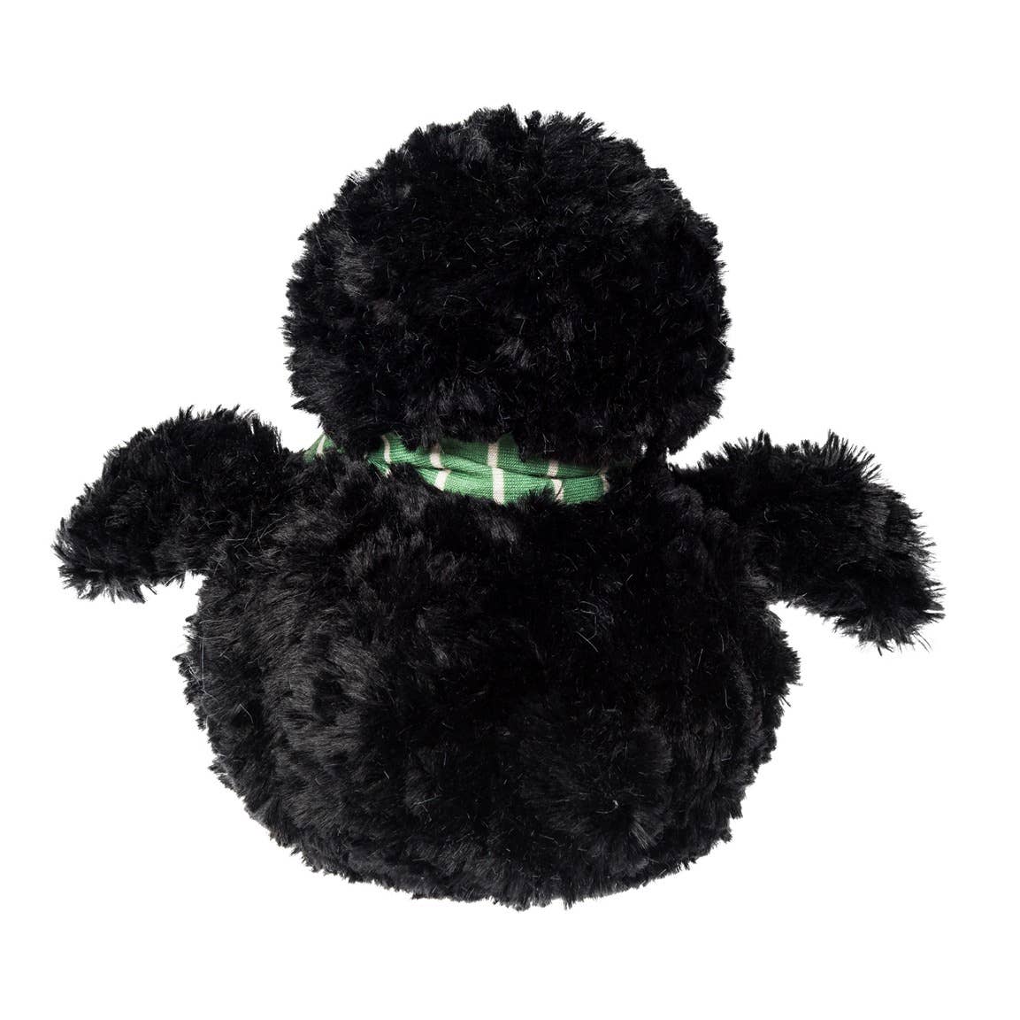 Black plush toy with a green plaid ribbon on a white background