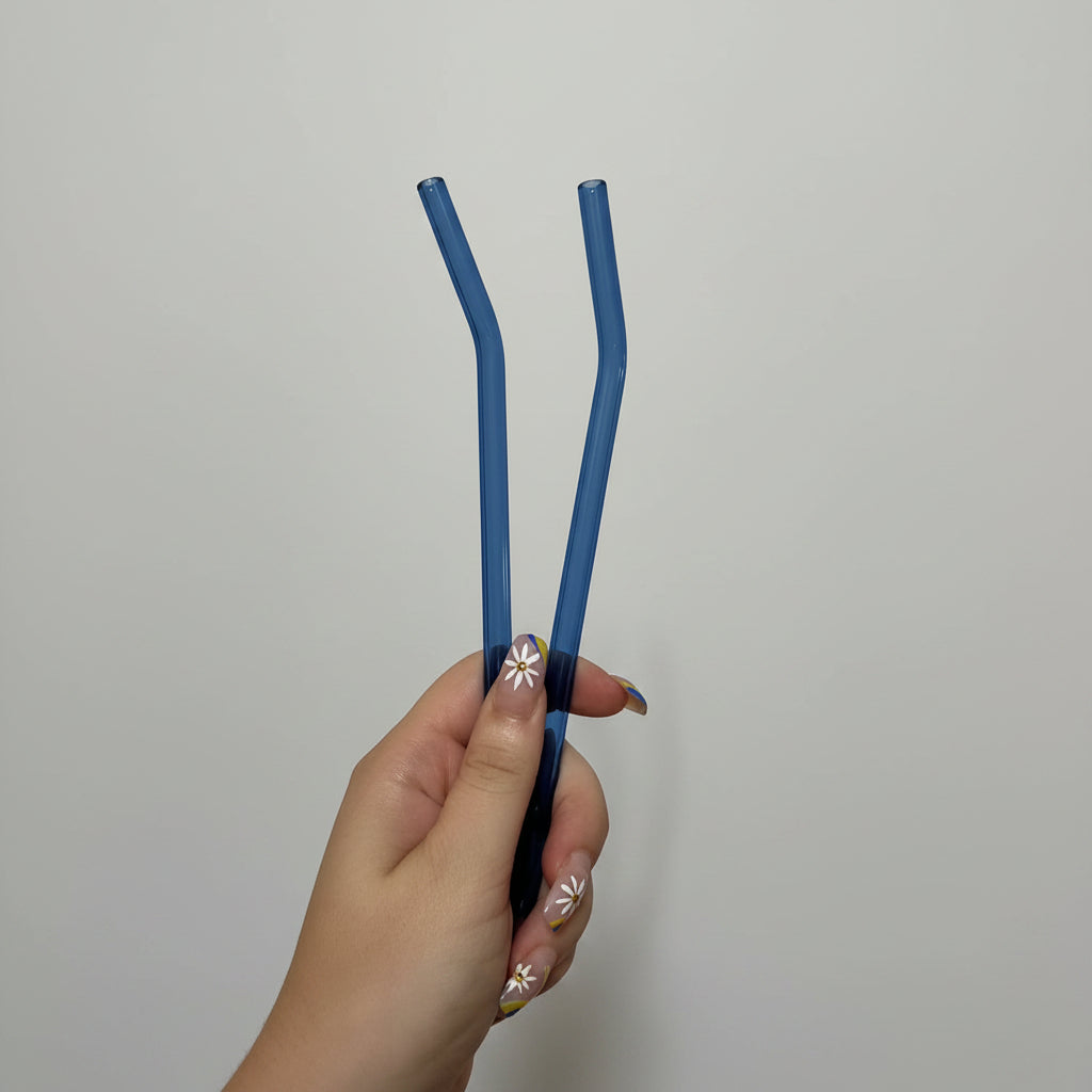 Bent blue straws. 8 inches long.