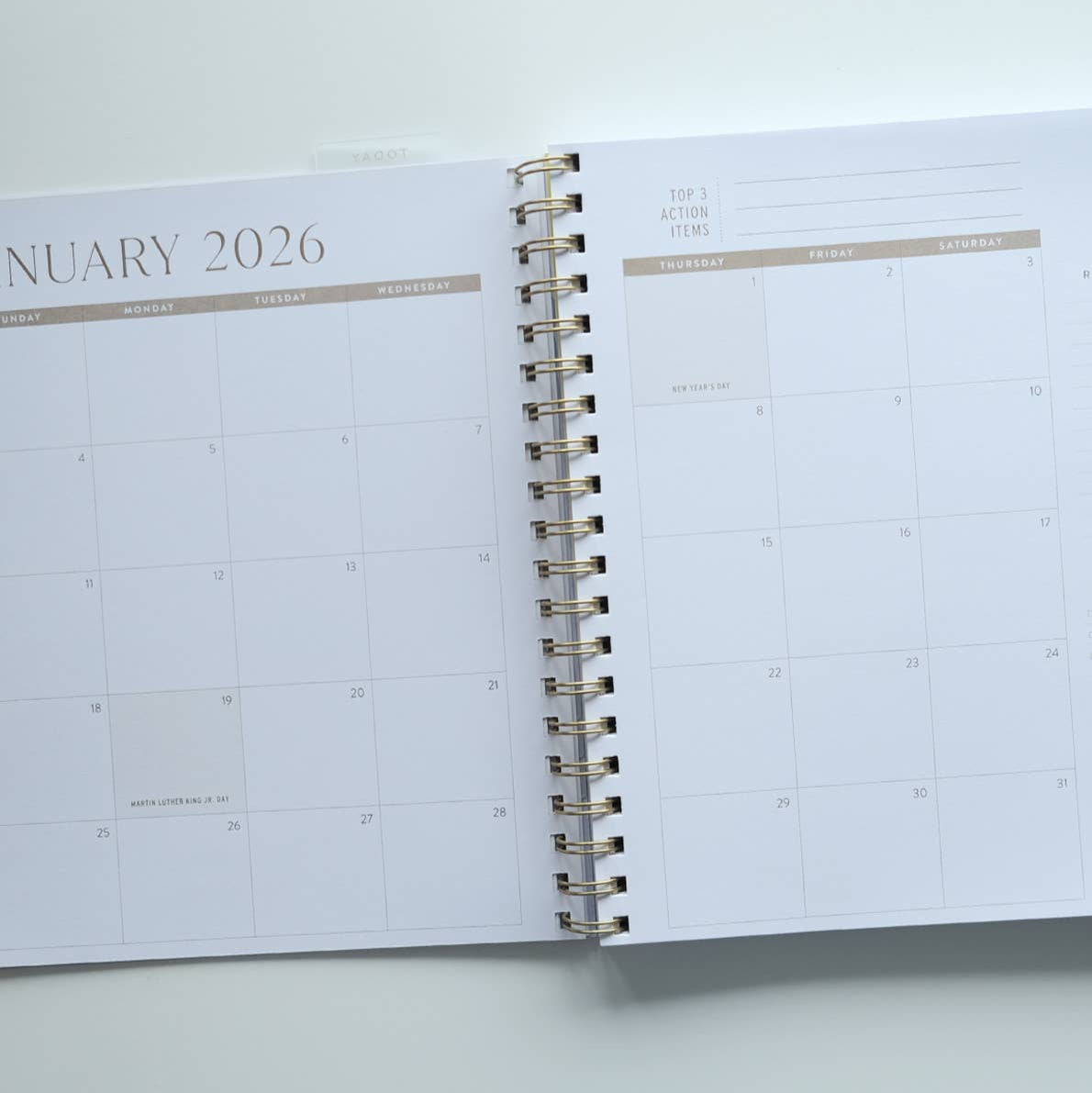 Open planner showing January 2026 on a white background