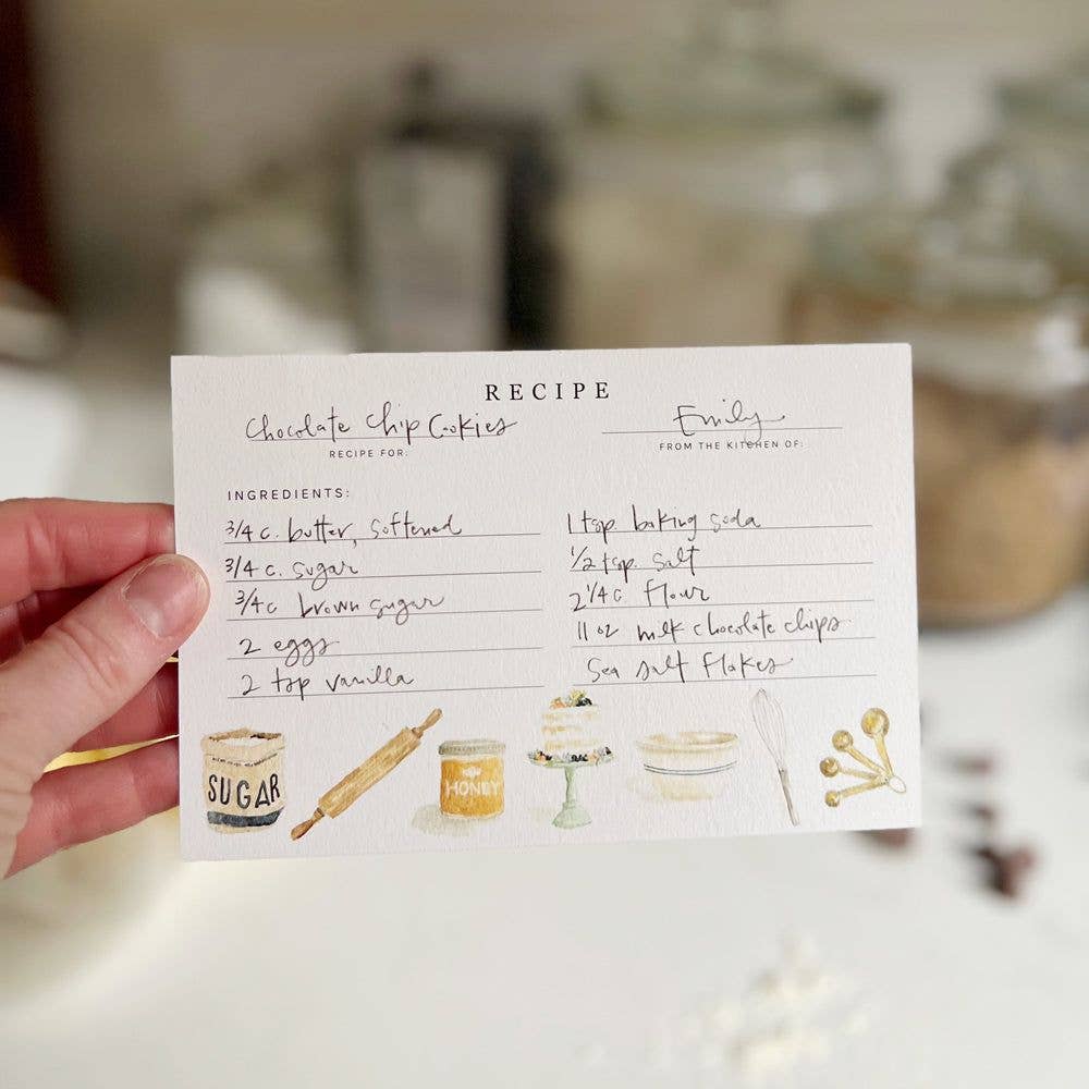 Write down your favorite recipes on the Baking Recipe Cards. There are 12 cards with space for ingredients on one side and instructions on the back.




Details

Set of 12 recipe cards

4" x 6"

Printed on eggshell textured paper
Original watercolor artwork by Emily Lex