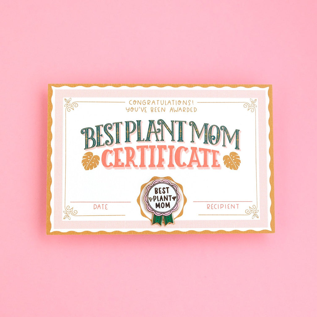Celebrate the best plant mom in your life with this cute certificate and pin! Rubber clutch backing to keep it safely attached to your favorite jacket, backpack, or tee. Each pin is packaged with a certificate/backer card - perfect for framing!