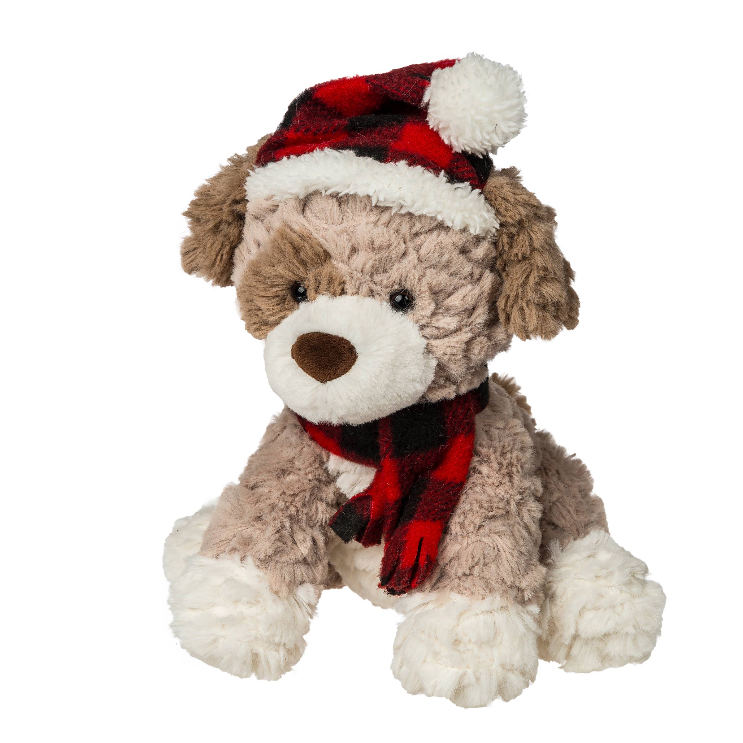 Plush dog toy wearing a red and black checkered hat and scarf on a white background
