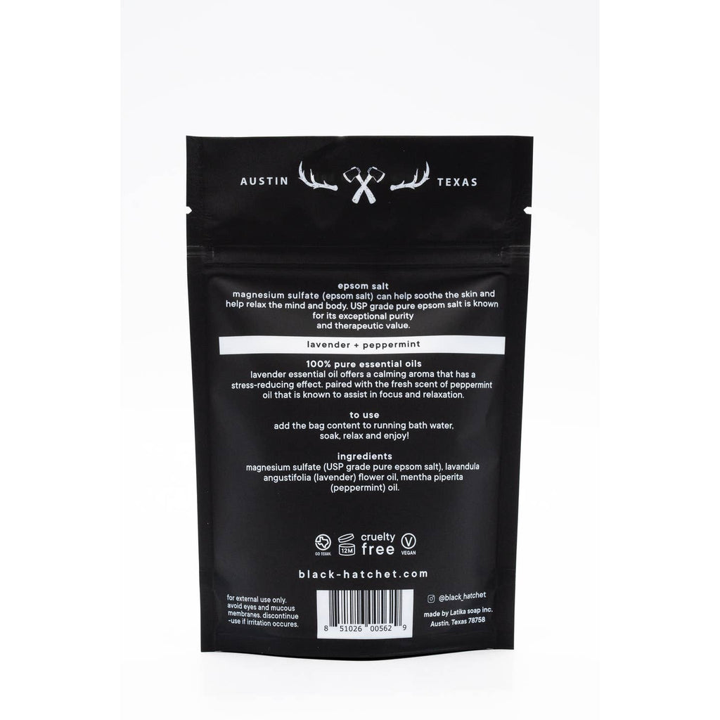 Take away the day's stress with the calming effects of lavender and skin-softening Epsom salts. Black Hatchet relax bath soak will help you get a better night’s sleep while doing wonders for your skin and soothing sore muscles.