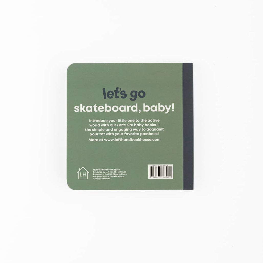 Green notebook with text 'let's go skateboard, baby!' on a white background