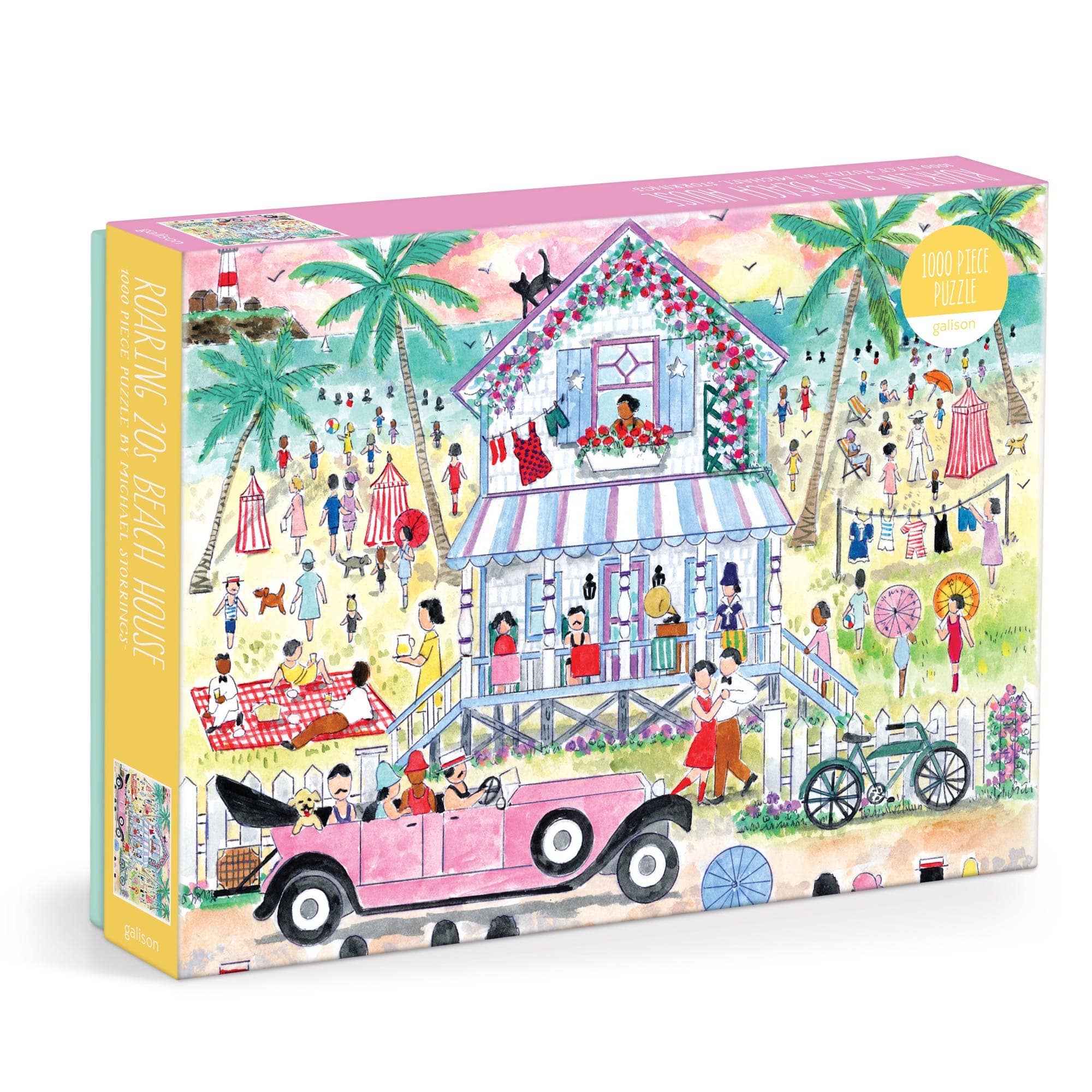 Transport yourself to a sun-drenched 1920s coastal retreat with this 1000-piece puzzle illustrated by Michael Storrings. The charming seaside composition features elegantly dressed beachgoers enjoying the sand, surf, and pastel beach house. Soft-colored palms frame the landscape, a classic automobile adds nostalgic flair, and an inviting outdoor gathering captures the leisurely spirit of the era.

Storrings' meticulous illustration style brings every period detail to life.