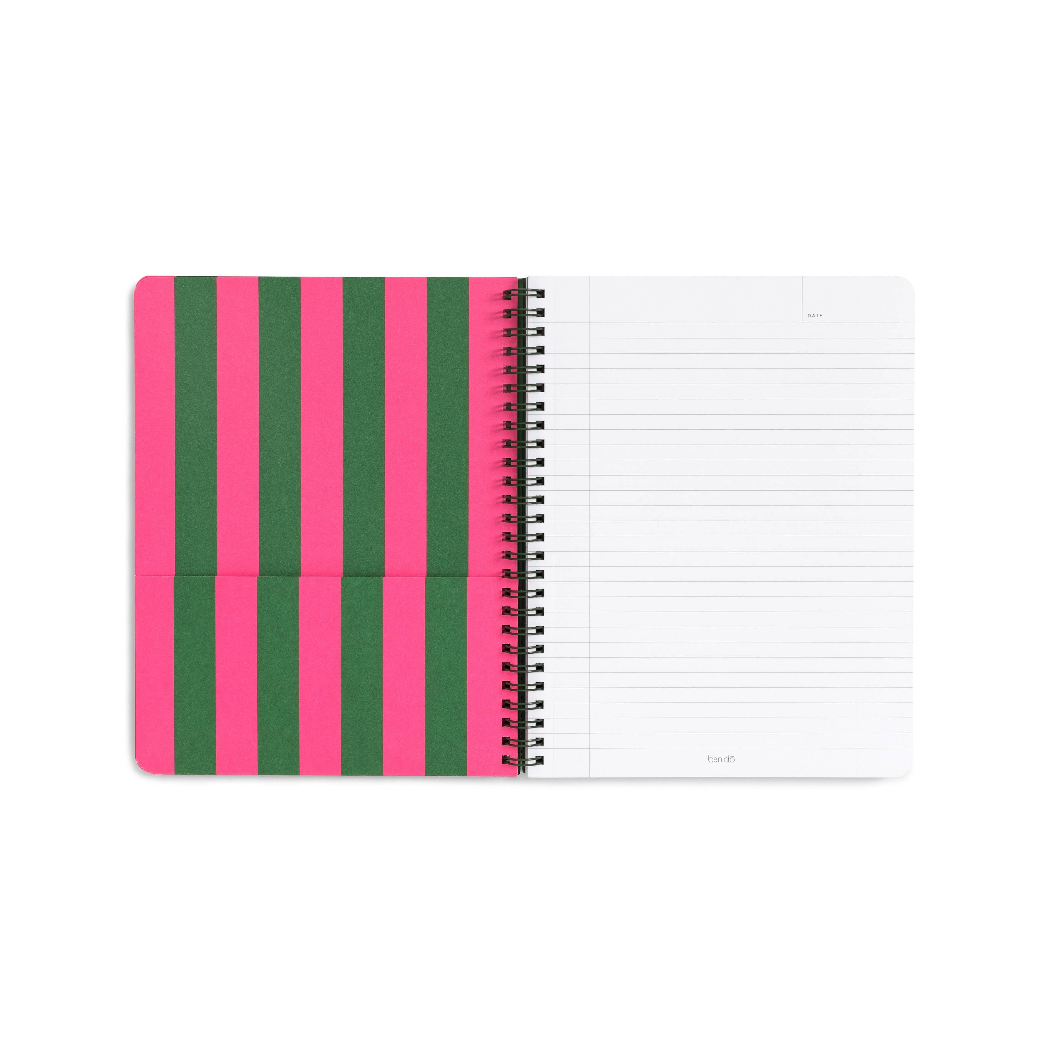 Notebook with green and pink striped cover on a white background