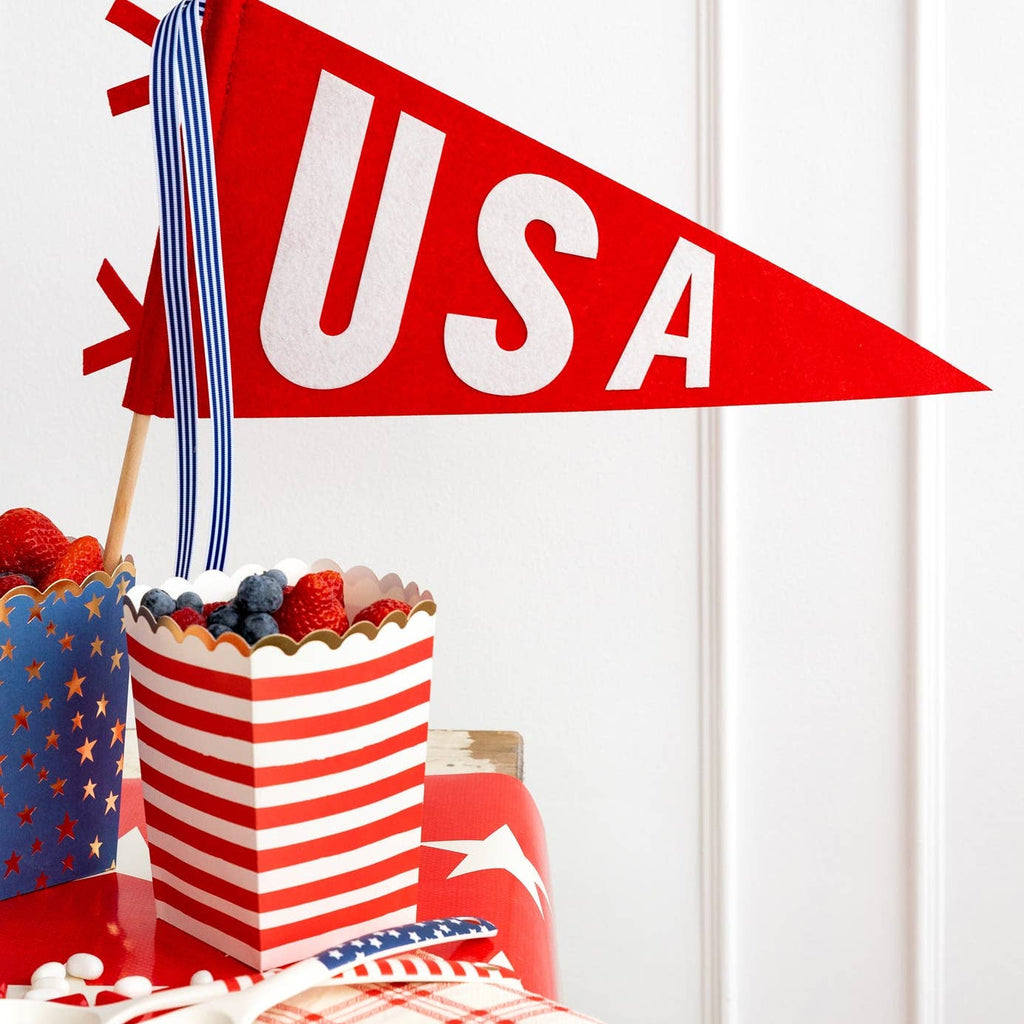 Create a festive centerpiece for your summertime celebrations with this patriotic felt banner. Accented with striped ribbon, this felt banner gives any memorial day or fourth of July picnic table a touch of vintage patriotic flair and is a perfect way to keep the festive spirit all summer long by adding it to your tabletop decor in your home!