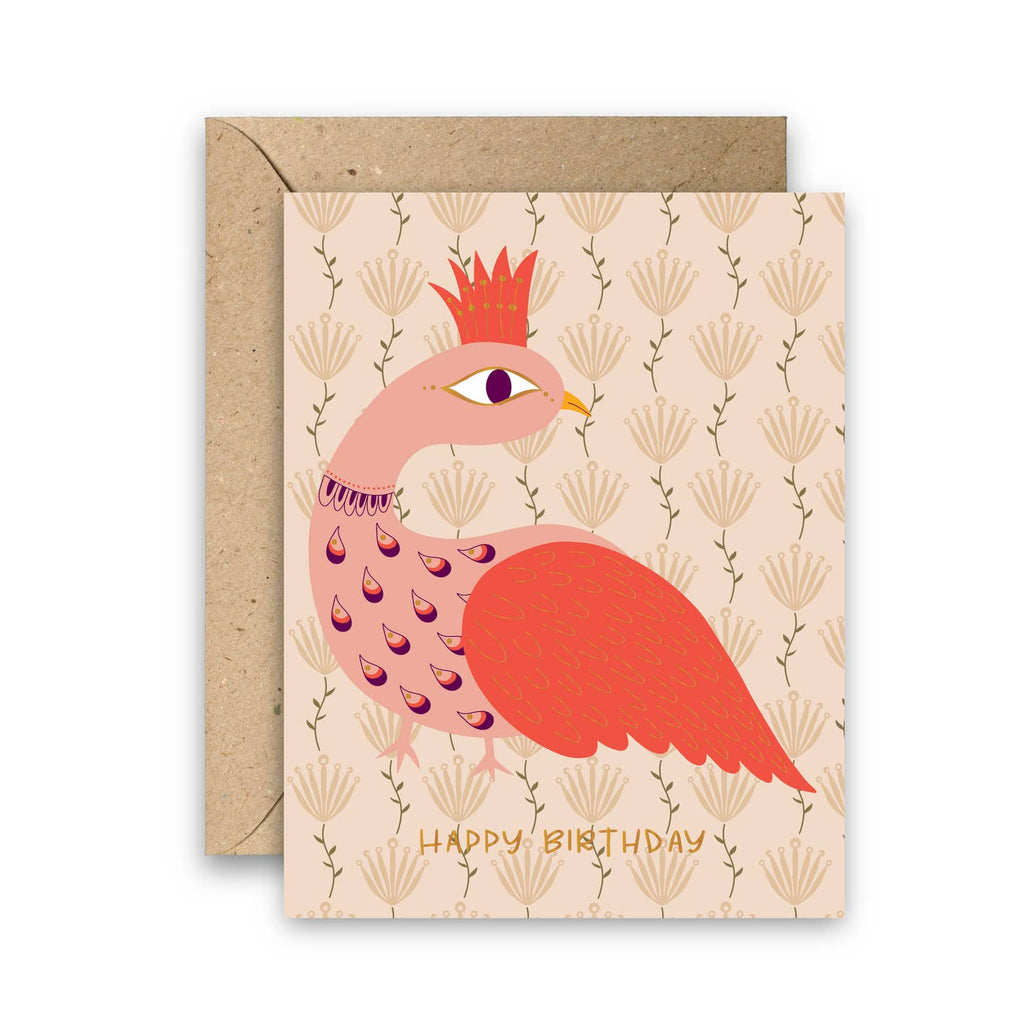 The beautiful peacock with gold foil embellishments and the words "Happy Birthday"  in gold foil is the perfect way to send birthday wishes. 