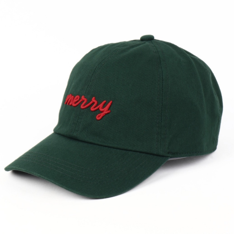 Christmas Merry 3D Puff Embroidered Baseball Cap - green cap with red Merry on it