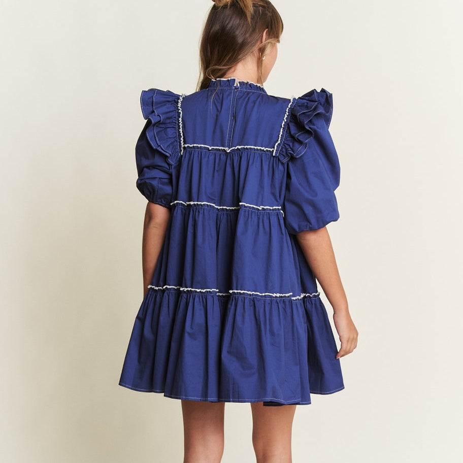 Rock the boat in this Navy Baby Doll Mini Dress with large sleeves, bold navy blue color, and eye-catching white line detailing. Perfect for a flirty and fun look, this mini dress is sure to make a statement. Let your playful side shine through with this quirky and stylish piece!