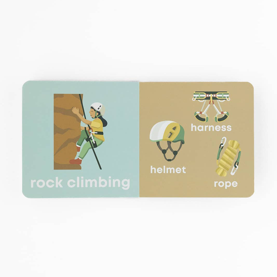 Card with illustrations of rock climbing equipment including a helmet, harness, and rope on a beige and light blue background.