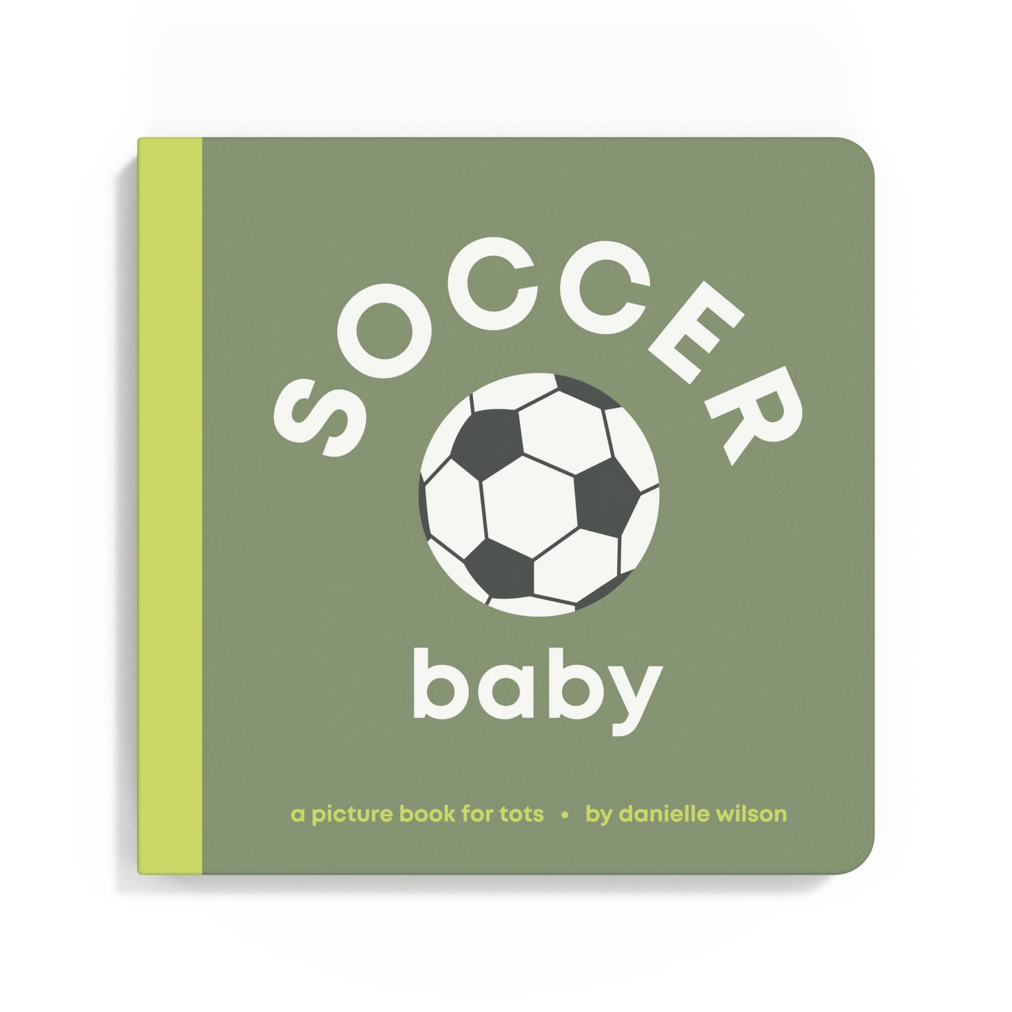 Book titled 'Soccer Baby' with a soccer ball illustration on a green background