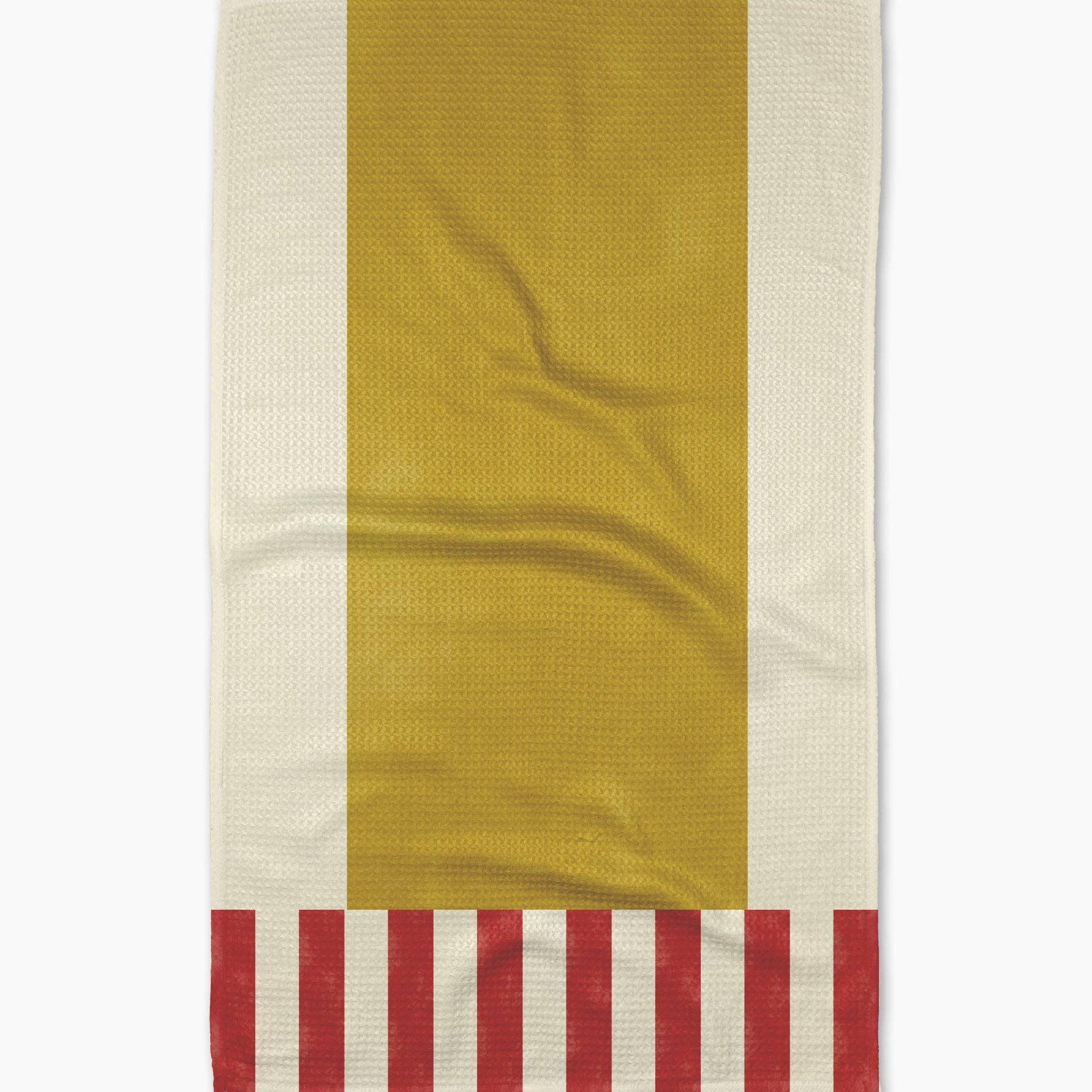 Textile with yellow center, beige sides, and red striped bottom border on a white background