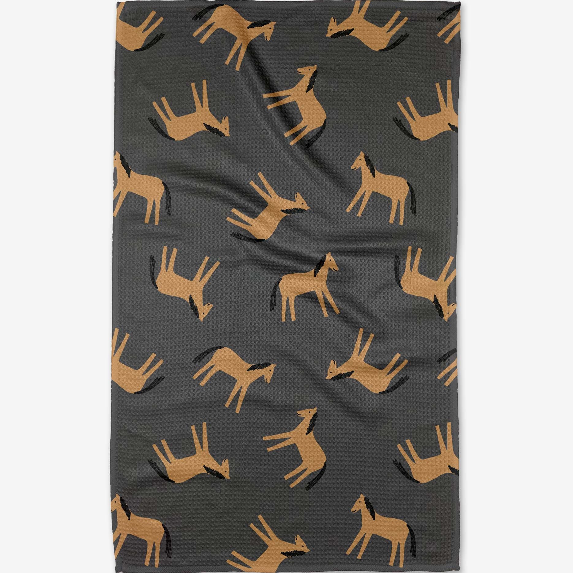 Fabric with horse pattern on a gray background Tea Towel