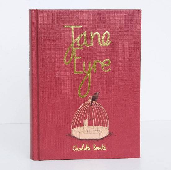 Book cover of 'Jane Eyre' with a birdcage illustration on a red background