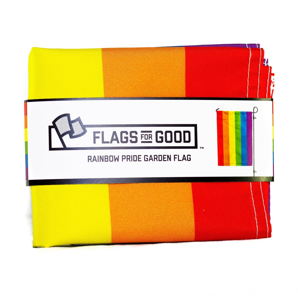 Garden flag with the traditional six stripe pride flag design popularized by artist Gilbert Baker in 1978. These garden flags are a thick double-sided construction and double-stitched all around. They have a pole pocket along the top to fit any standard garden flag stake (not included). 18" x 12"